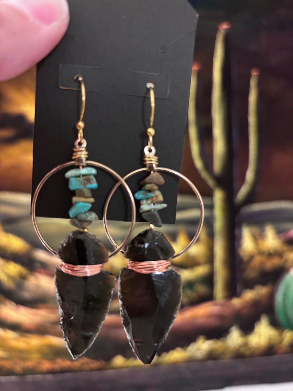 Boho Arrowhead Hoop Earrings with Turquoise Chips - Gold Tone
